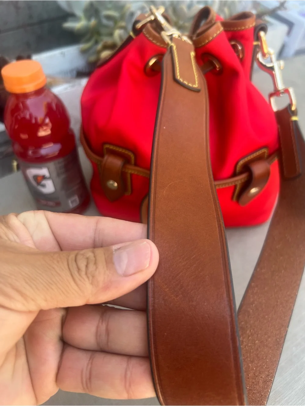 Red Drawstring Hobo with Brown Leather Trim